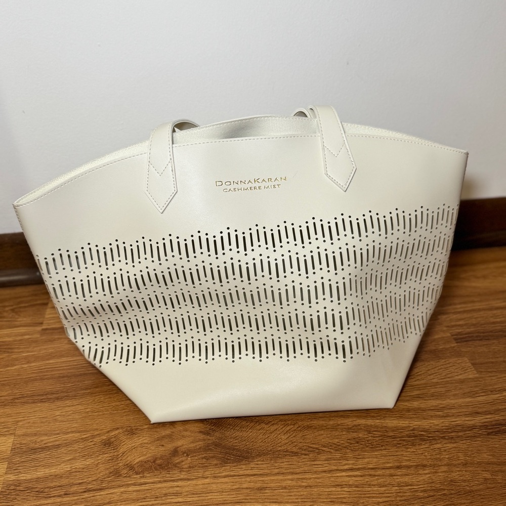 Cashmere Mist Sleek White Lasercut Carryall Tote Bag Designer- Donna Karan